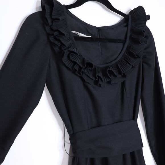 VICTOR COSTA Vintage 90s Midi Dress Black Ruffled Trim Long Sleeve Women's 4 - Picture 3 of 9